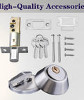 Silver Steel Single Cylinder Deadbolt For Front And Garage Doors With Keyed One Side And Thumb Turn Inside Heavy Duty Home Security Lock Weather Resistant shown with installation components and keys.