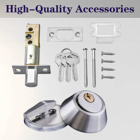 Silver Steel Single Cylinder Deadbolt For Front And Garage Doors With Keyed One Side And Thumb Turn Inside Heavy Duty Home Security Lock Weather Resistant shown with installation components and keys.