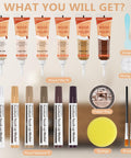 All In One Wood Repair Kit with 6 oak color fillers, 6 touch-up markers, wood polish wax, scraper, brushes, and sponge displayed