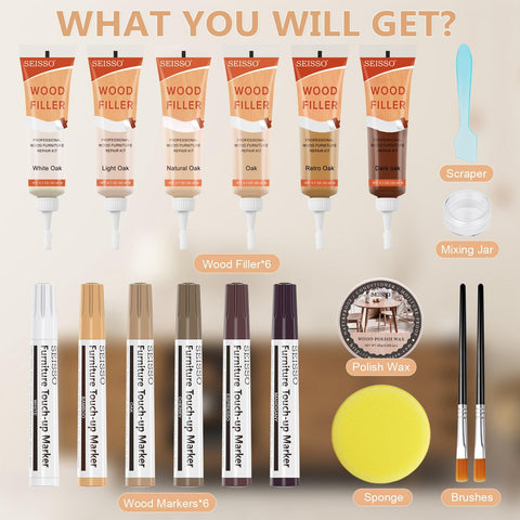 All In One Wood Repair Kit with 6 oak color fillers, 6 touch-up markers, wood polish wax, scraper, brushes, and sponge displayed