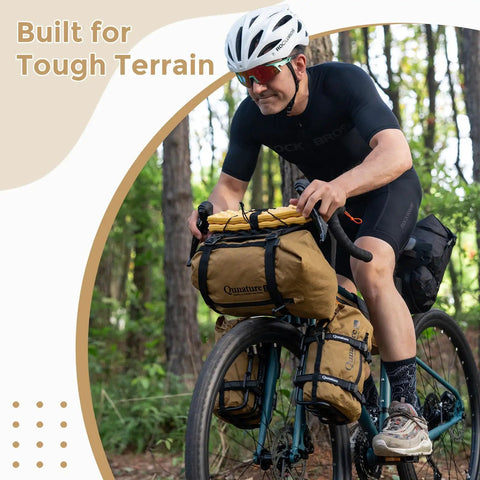 Cyclist using Bike Handlebar Harness For Bikepacking With Front Rack System And Flexible Mounting Options Big Capacity Fits Dry Bags From 3 To 12 Liters Easy Quick Tighten Webbing For Adjustable Storage On The Go in forest.