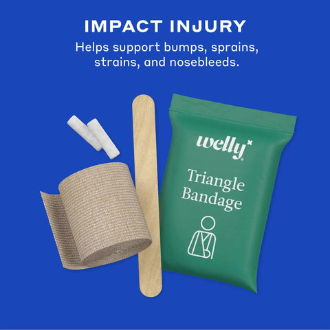 Impact injury kit with triangle bandage, wooden stick, gauze, and wrapping tape for bumps, sprains, strains, and nosebleeds.