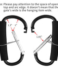 4 Pack Large 5.5 Inch D Style Carabiner Hooks With Foam Cushioned Handles For Pain Free Carrying And Everyday Use In Grocery Trips, Travel, And Stroller Runs Black And Blue shown with size measurements