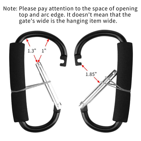 4 Pack Large 5.5 Inch D Style Carabiner Hooks With Foam Cushioned Handles For Pain Free Carrying And Everyday Use In Grocery Trips, Travel, And Stroller Runs Black And Blue shown with size measurements
