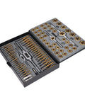 Ultimate 86 Piece Tap Die Set With Hardened Carbide Tools For Automotive Repair And Rethreading Fasteners In Metric And SAE Sizes Plus Storage Box For Pros Who Need Heavy Duty Gear, open storage case with taps and dies