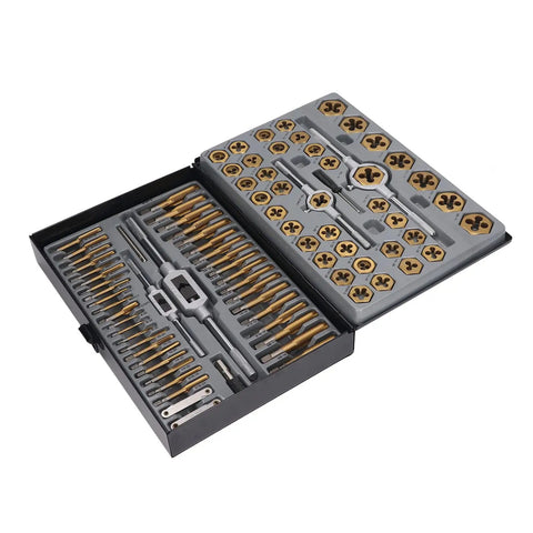 Ultimate 86 Piece Tap Die Set With Hardened Carbide Tools For Automotive Repair And Rethreading Fasteners In Metric And SAE Sizes Plus Storage Box For Pros Who Need Heavy Duty Gear, open storage case with taps and dies