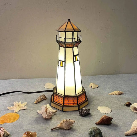 L10626 Lighthouse Tiffany Style Stained Glass Accent Table Lamp Night Light For Home Decoration with shells around