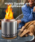 Cozy Tabletop Fire Pit With Stand Smokeless Outdoor Stove For Camping And Patio Use Grab And Go Seven Point Nine By Six Point One Inches Portable Stainless Steel Fueled By Pellets Or Wood Includes Travel Bag in use with flames.
