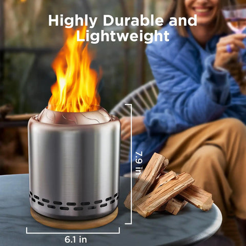 Cozy Tabletop Fire Pit With Stand Smokeless Outdoor Stove For Camping And Patio Use Grab And Go Seven Point Nine By Six Point One Inches Portable Stainless Steel Fueled By Pellets Or Wood Includes Travel Bag in use with flames.