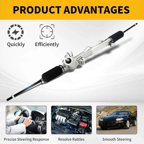 Hydraulic Power Steering Rack And Pinion For Camaro And Firebird 1998 1999 2000 2001 2002 Direct Fit With Interchange 22 185 22185 26060047 26077996 26086616 Replacement Part on a white background highlighting product advantages.