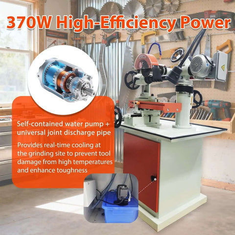 220V Universal Cutter Grinder And Saw Blade Sharpener Featuring Adjustable Angle Alignment Water Cooling Loop for tool cooling and efficiency.