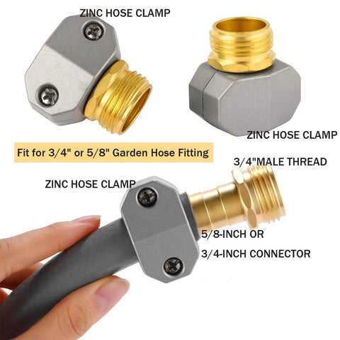 2 Pack Brass Garden Hose Repair Kit With Three Quarter Inch And Five Eighth Inch Fit Male Hose End Connectors showing zinc clamp