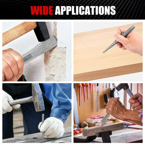 Action shots of Pro Grade 16 Piece Punch And Chisel Set For Mechanic And Metalworking, showcasing diverse applications.