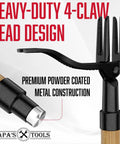 Stand Up Weed Puller Tool with Heavy Duty 4-Claw Steel Head and Solid Bamboo Handle, close-up of 4-claw design and handle connection.