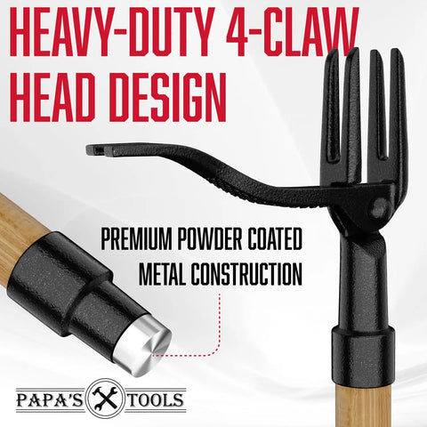 Stand Up Weed Puller Tool with Heavy Duty 4-Claw Steel Head and Solid Bamboo Handle, close-up of 4-claw design and handle connection.