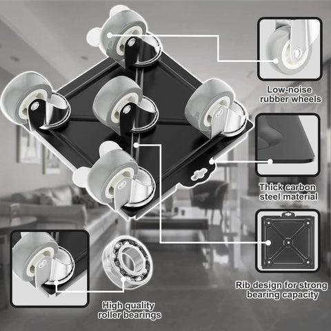 Kick Ass Heavy Duty Furniture Movers And Sliders Kit With 5 Wheel Dollies detailed view showing low-noise wheels and carbon steel material.