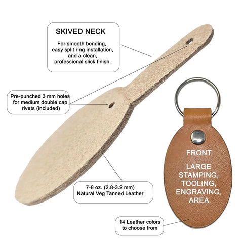 Fresh Oval Leather Key Fobs, 10 Pack Full Grain Vegetable Tanned Keychain Blanks With Hardware showing skived neck and pre-punched holes.