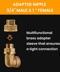 Brass pipe fittings, front view: 3/4 in male to 1 in female adapter nipple and 90-degree elbow.