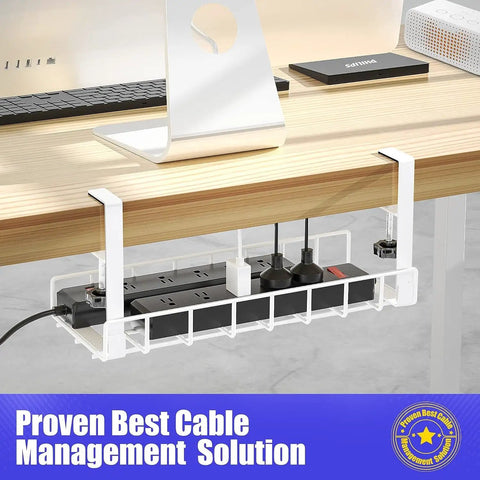 Tool Free No Drill No Screws Under Desk Cable Management Tray With Clamp installed on desk frame keeping wires organized