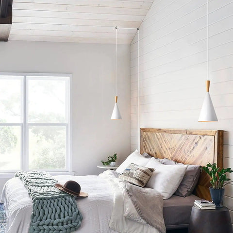 Bedroom scene with two White Plug In Pendant Light Dope Cone Farmhouse Style For Kitchen Island Bar Ceiling Fixture Industrial Pendant Lamp