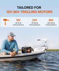 12V 100Ah LiFePO4 Marine Battery For Trolling Motors with Built In 100A BMS on a boat in open water