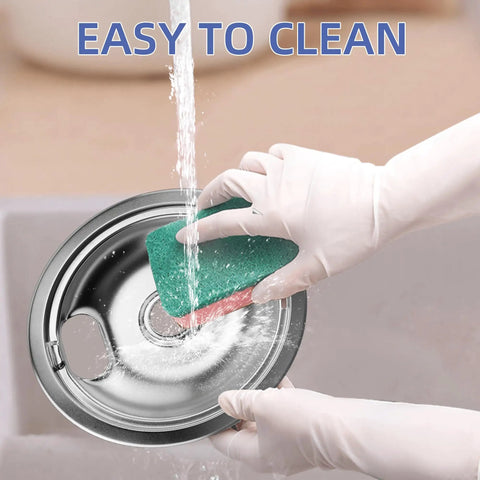 Person cleaning chrome stove burner drip pan set for electric ranges includes two 6 inch and two 8 inch drip bowls