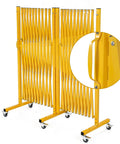 Crew Certified Expandable Metal Barricade With Heavy Duty Roller Casters And Quick Break Down Scissor Gate in yellow with wheels.