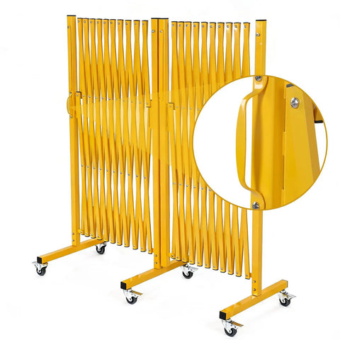 Crew Certified Expandable Metal Barricade With Heavy Duty Roller Casters And Quick Break Down Scissor Gate in yellow with wheels.