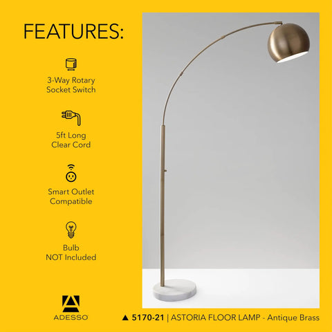 Arc Floor Lamp With Marble Base And Antique Brass Finish 3 Way Dimming For Your Living Room And Bedroom Go To Modern Minimalist Lighting For Home Decor 42 Inch Reach And 78 Inch Height featuring a 3-way rotary switch and marble base.