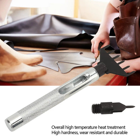 Go-To Prong Chisel Kit With Replaceable Leather Stitching Punch Tools And 10 Attachments For DIY Leather Craft shown in use