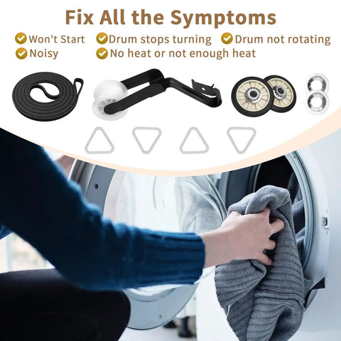 Heavy Duty Dryer Repair Kit With Belt Replacement For Whirlpool Kenmore Maytag showing belt, rollers, and person loading clothes