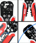Close-up of Self Adjusting Wire Stripper Tool For AWG Ten To Twenty Four Strips Cuts And Crimps Copper And Aluminum Wires.