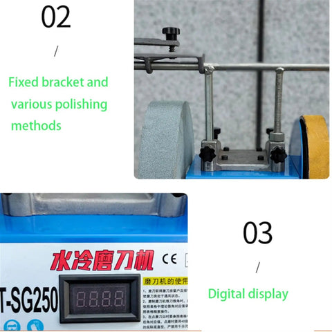 Wet And Dry Stone Grinder For Home Workshop 370W Desktop Polishing And Grinding Machine with 250mm wheel showing fixed bracket and digital display