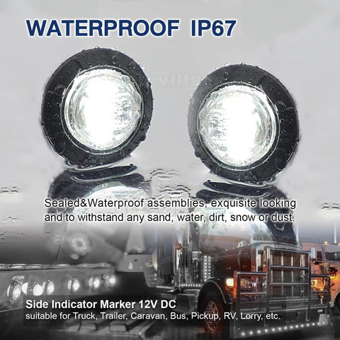 100 Pack Three Quarter Inch Clear Lens White LED Bullet Side Marker Clearance Lights Universal Fit For Trailer Truck SUV ATV RV Bus Van With Rubber Grommet 12V DC waterproof display