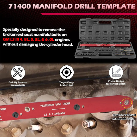 71400 manifold drill template kit for GM LS engines; red metal guide in a case for removing broken exhaust bolts