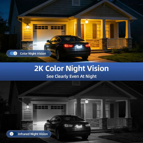 Wireless Outdoor Security Camera Set With 355 Degree Pan 2K Color Night Vision Battery Powered WiFi Enabled Motion Detection Two Way Talk IP65 Weatherproof Spotlight Siren SD Cloud Storage 2 Pack No-Hassle Setup.