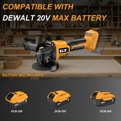 Cordless 4-1/2 Inch Brushless Angle Grinder For 20V Max Batteries Not Included shown with DEWALT battery options in workshop setup.