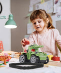 Child playing with RC tank and two pack rubber tank tracks for RC chassis long wide DIY replacement for crawlers in playroom