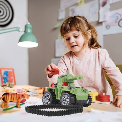 Child playing with RC tank and two pack rubber tank tracks for RC chassis long wide DIY replacement for crawlers in playroom