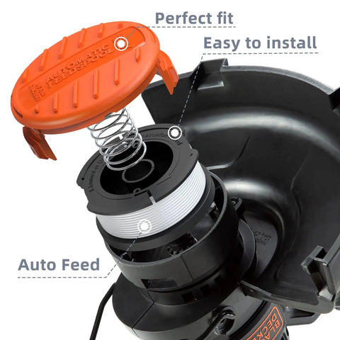 Close-up view of 10 Pack Weed Eater String Refill Spools AF100 0.065 Inch Auto Feed System showing spool and spring installation.