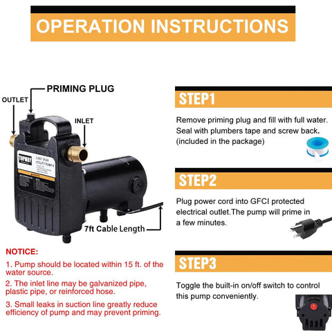 Beast Of A Portable Cast Iron 1/2 HP Water Transfer Pump With Built-In On Off Switch, operation instructions diagram.