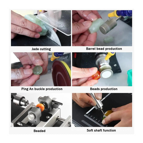 Heavy Duty Badass 1850W Portable Table Saw Station Built Tough For Knockout Jade Cutting Carving And Polishing Smooth All In One Multifunction Woodworking Power Tool With Five Piece Kit showing jade cutting, bead production, and tools in use.