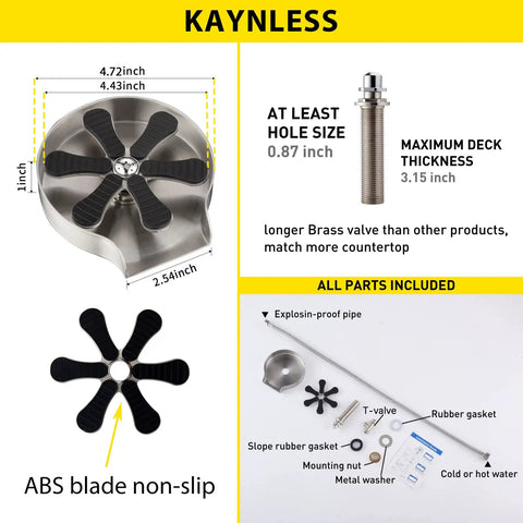 Glass Rinser Cup Washer For Sink Made From 304 Stainless Steel Brushed Finish 4.72 Inch Diameter with parts and dimensions shown