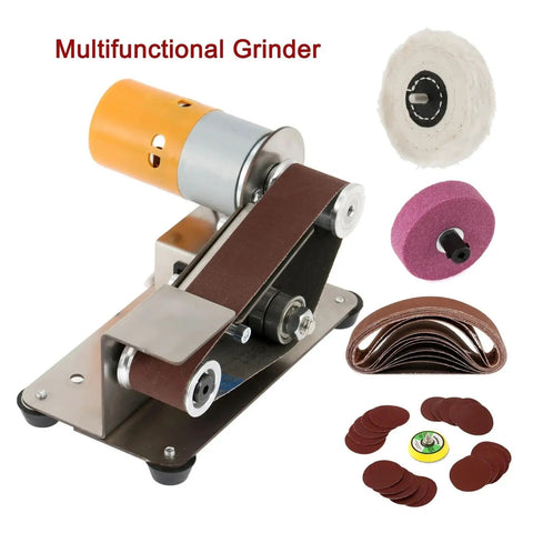 Compact Mini Electric Belt Sander And Grinder Desktop Power Tool Built Like A Tank With Rugged Stainless Steel and attachments.
