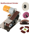 Badass Mini Electric Belt Sander And Desktop Grinder Woodworking Polisher Metal Edge Sharpener with adjustable work table and grinding tools.
