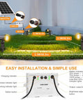 Installation diagram of Six In One Solar Outdoor Spotlights With 6W 6V Panel IP66 Waterproof Landscape Lights Auto On Off Three Color Temps 2700K 4000K 6500K Three Brightness Levels Flash Or Smooth Modes 56ft Cord For Garden Path Yard Patio Lighting Delivers A Sweet Yard Glow with cable dimensions and control box