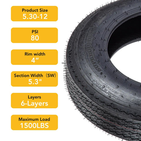 Two Pack All Weather Rugged Heavy Duty Trailer Tire Set 5.30-12 6PR Load Range C with size and load specifications