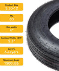 Heavy Duty Trailer Tire Set With 6PR Load Range C 12 Inch All Weather Tires For Utility Boat And Camper Trailers 2 Pack 5.30-12