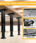 Eight Piece Adjustable Bed Frame Support Legs Twist Base From 7.8 To 14.6 Inches With Mounting Screws view under bed showing twist-adjustable legs.