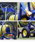 Built Like A Tank Heavy Duty Garden Hose Cart With Spray Gun, all steel hand push reel with yellow hose and wheels.